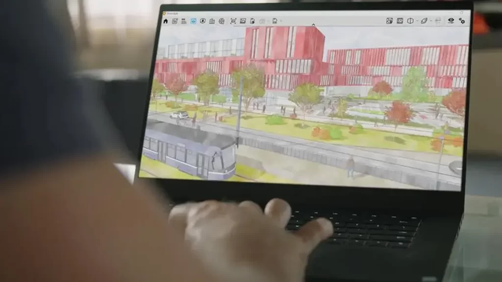 Laptop mostrando una visualización al instante de un modelo de SketchUp