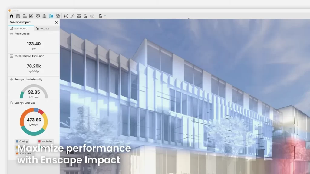 Vista del funcionamiento del Enscape Impact en un edificio